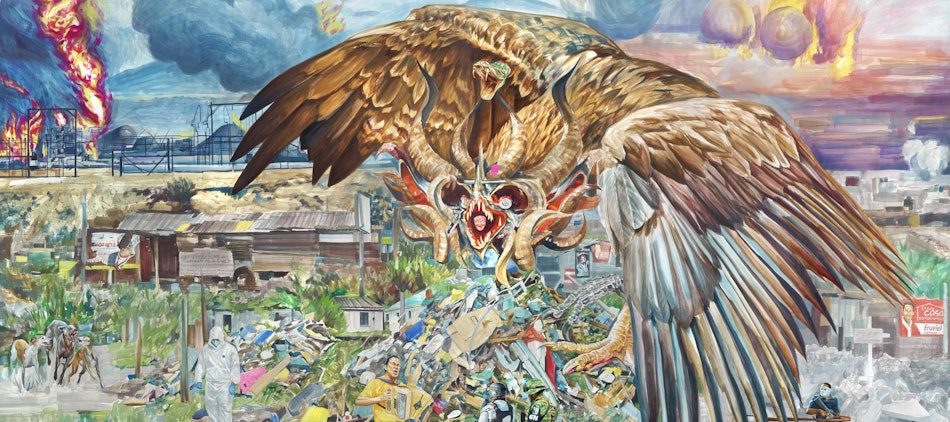 Placeholder for Alejandro Galván Las Estrellas me iluminan al revés 2022 Watercolor pencil and ink on wood 180 x 244 cm Image by Gert Jan van Rooij