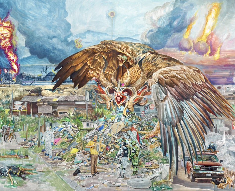 Placeholder for Alejandro Galván Las Estrellas me iluminan al revés 2022 Watercolor pencil and ink on wood 180 x 244 cm Image by Gert Jan van Rooij